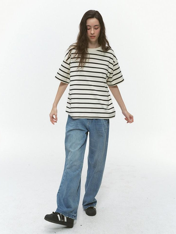 Country Moment Breathable Cotton Loose Fit Unisex Black White Striped Short Sleeve T-Shirts
