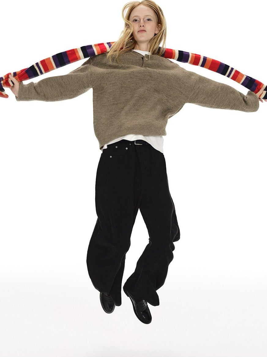 Country Moment Soft Thermal American Loose Fit Contrast Unisex Kids Knit Khaki Sweaters