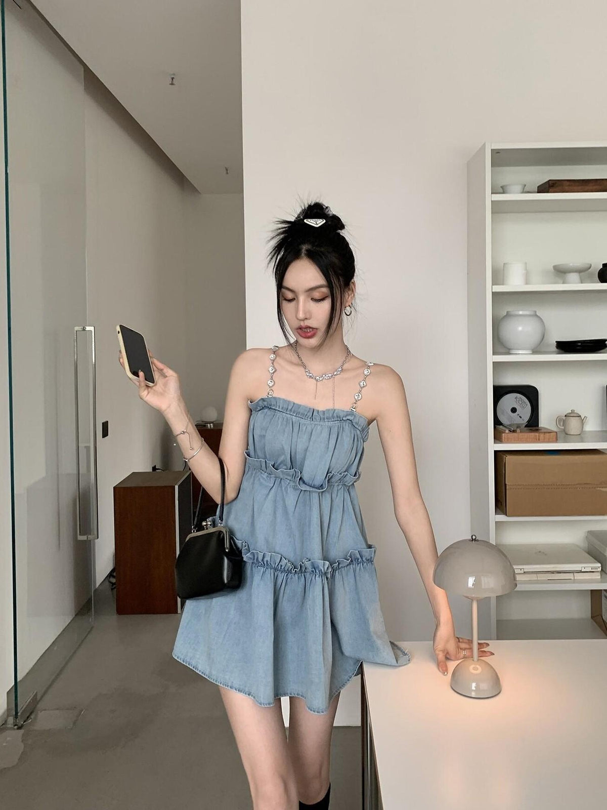 DDGIRL studio High Waist Washed Denim Ruffle Trim A Line Camisole Casual Mini Dresses