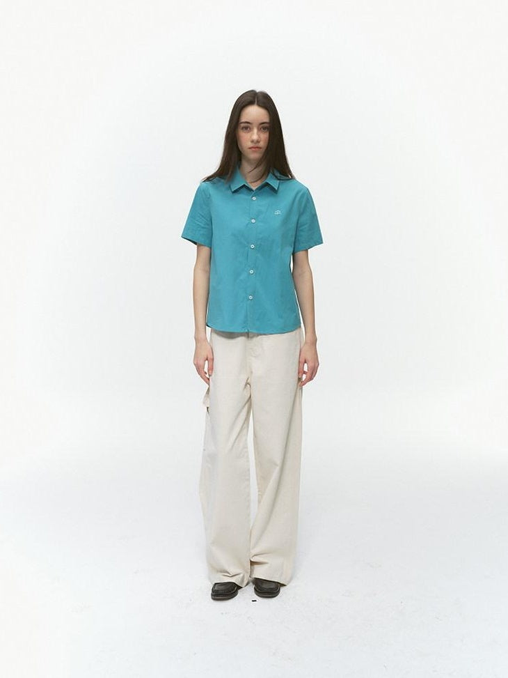 Country Moment 100% Cotton Casual Loose Camp Collar Short Sleeve Unisex Solid Color Shirts