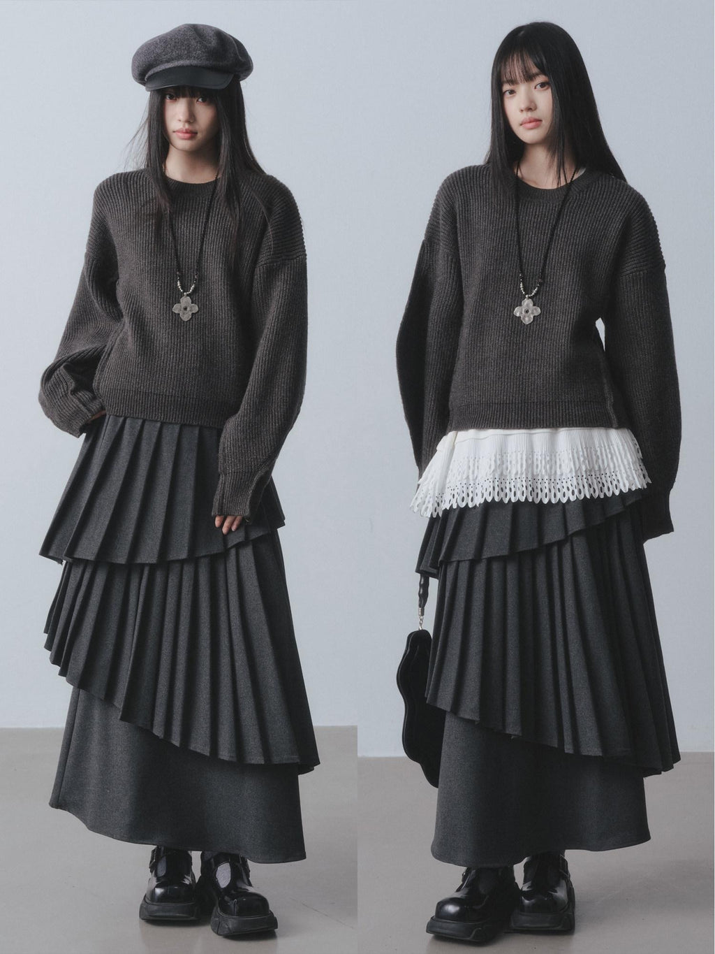 DDGIRL studio Warm Lined Asymmetrical Pleated High Waist Commuter Women Dark Gray Maxi Skirts