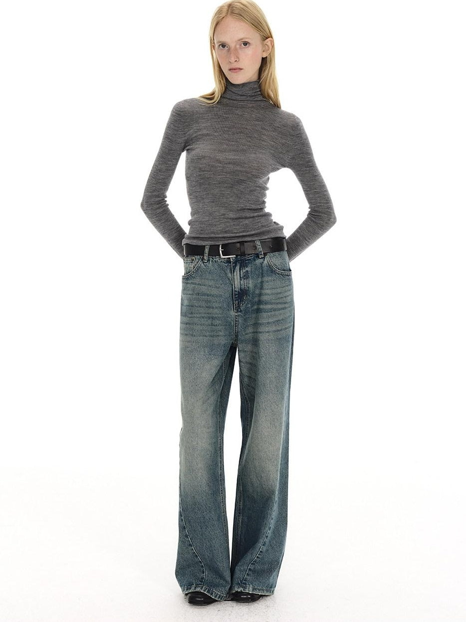 Country Moment Breathable Washed Blue Gradient Vintage Mid Rise Button Fly Wide Leg Jeans
