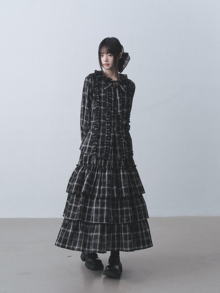 DDGIRL studio Wrinkle Free Black Plaid Collared Bow High Waist Loose Women Office Top & Skirt Sets
