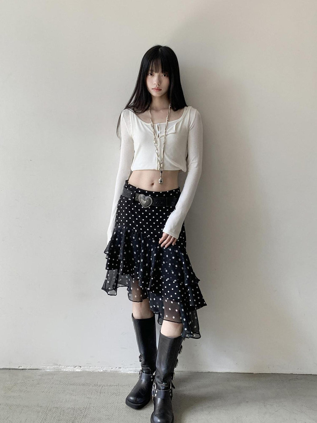 DDGIRL studio Shape Retaining Ruffle Hem High Waist Office Young Women Black Lined Midi Skirts
