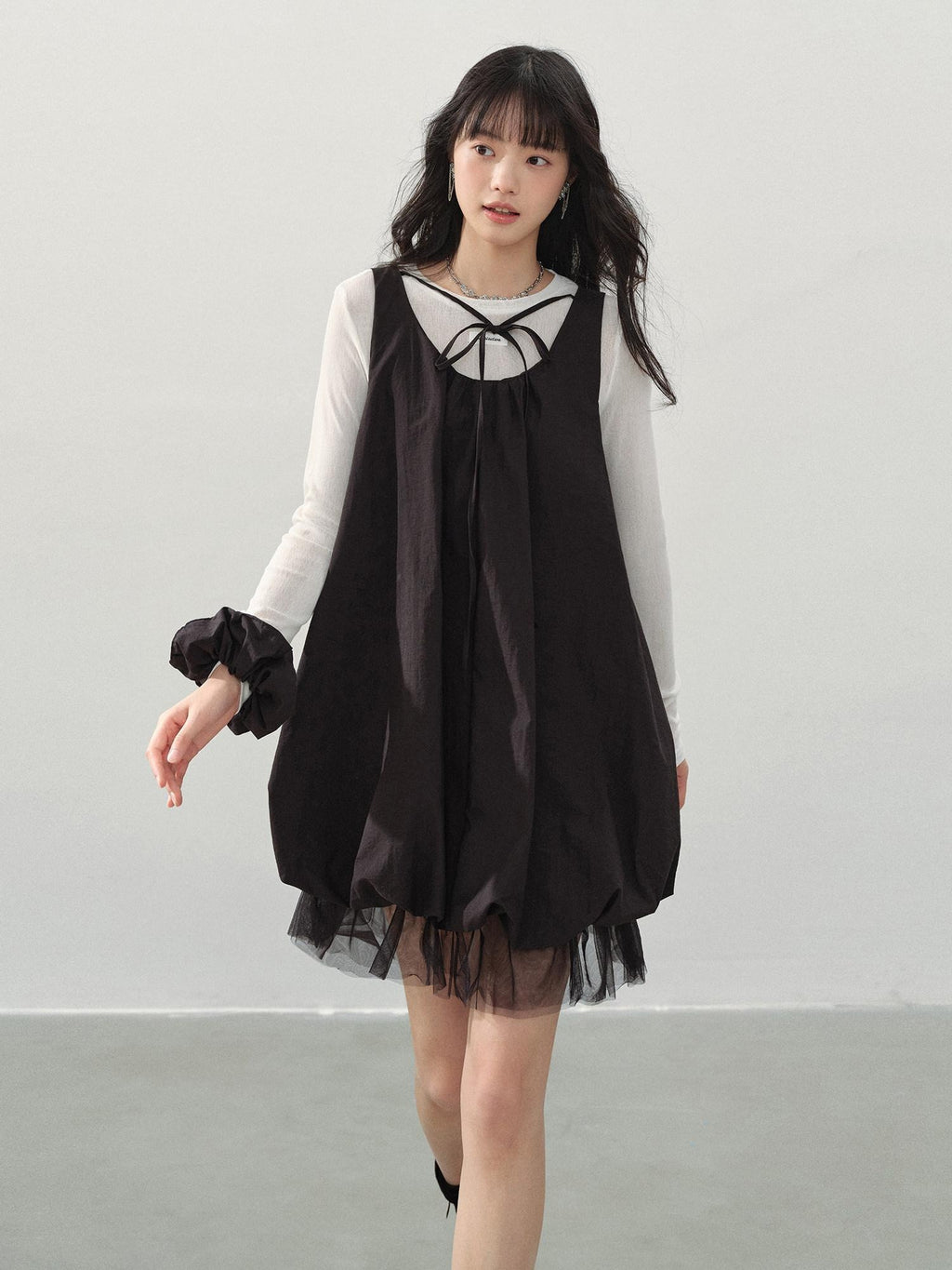 DDGIRL studio Sweet Mesh A Line Black Loose Waist Bubble Skirt U Neck Work Top & Skirt Sets