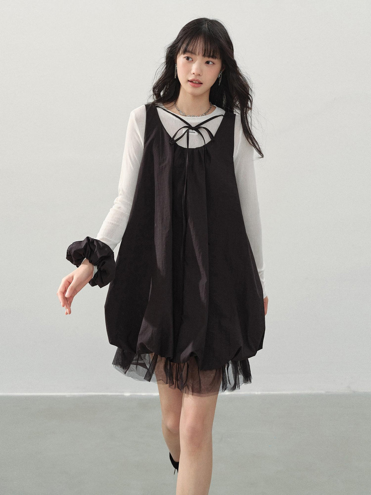 DDGIRL studio Sweet Mesh A Line Black Loose Waist Bubble Skirt U Neck Work Top & Skirt Sets