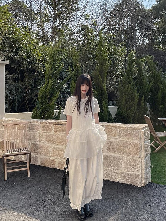 DDGIRL studio Original High Waist Drawstring Washed Cotton Nylon Lantern White Wide Leg Pants
