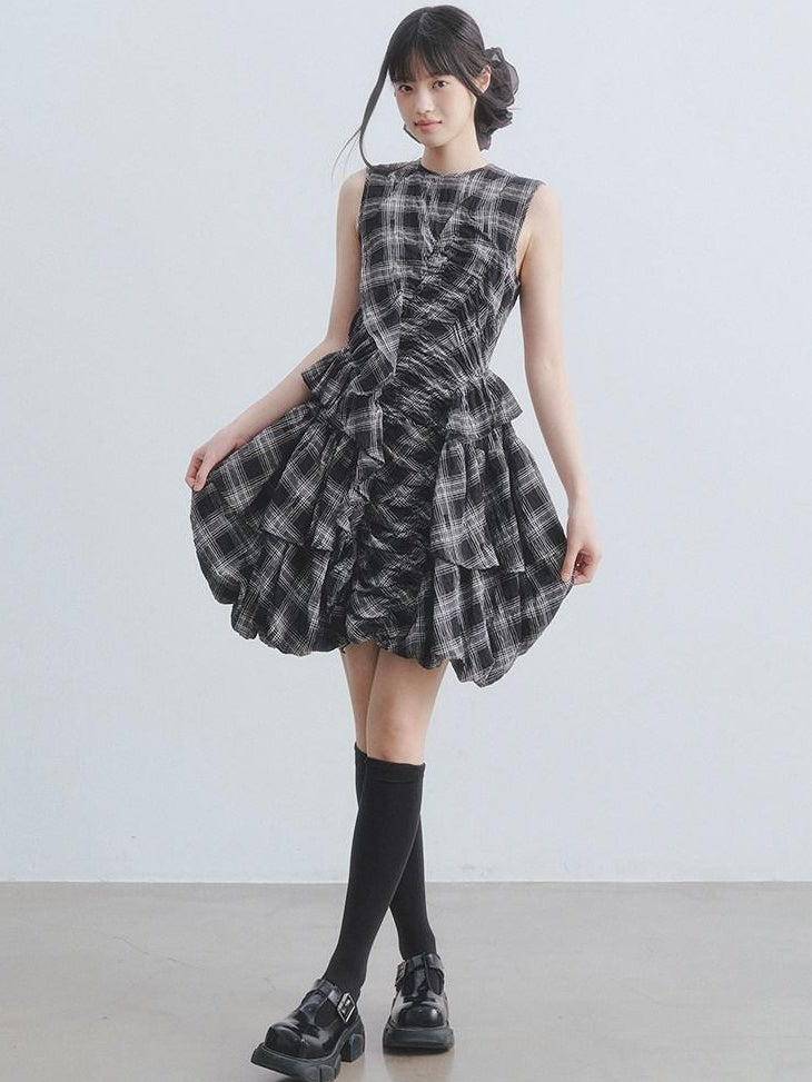 DDGIRL studio Soft Cotton Shirred A Line Sleeveless Checked Workwear Puff Skirt Mini Dresses