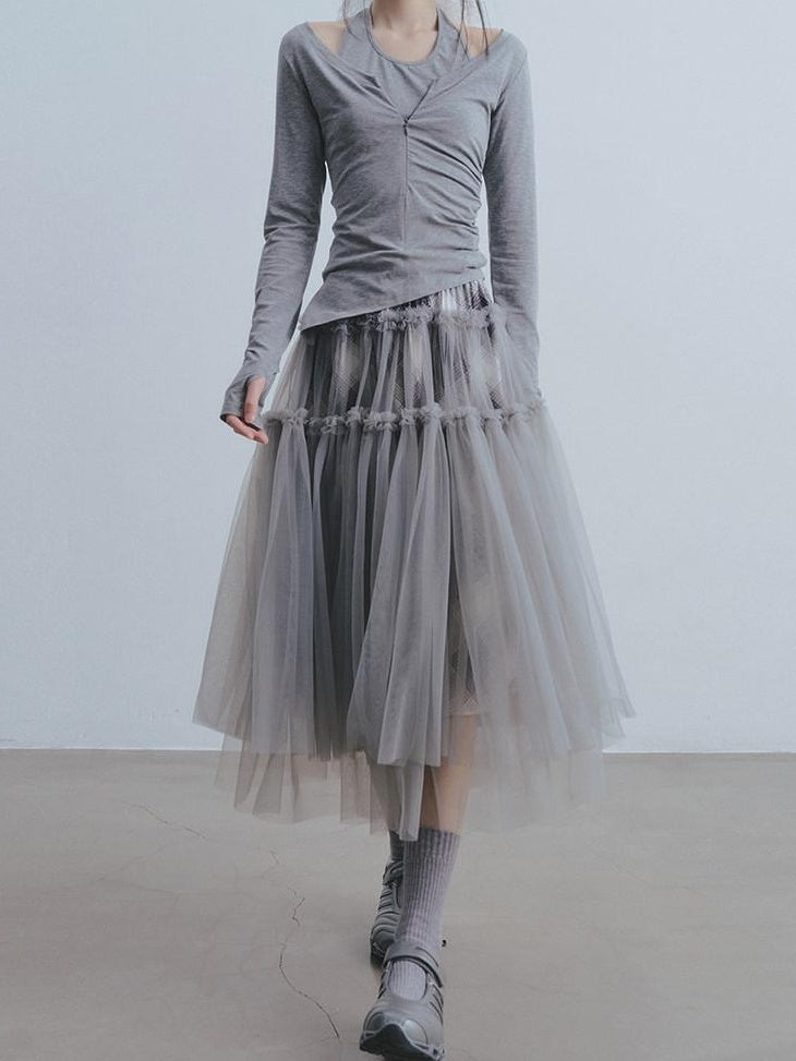 DDGIRL studio Non Deforming High Waist Mesh Patchwork Pleated Lined Women Gray Midi Skirts