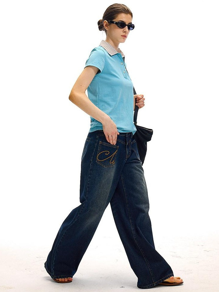 Country Moment High Waist Washed Denim Casual Loose Fit Zipper Fly Wide Leg Jeans