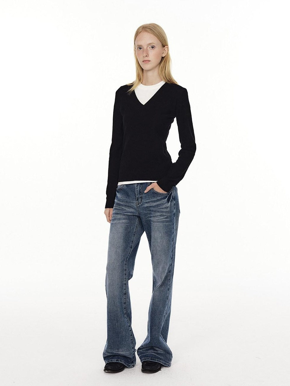 Country Moment Soft Wool Blend Slim Fit American V-neck Women Casual Knit Sweaters