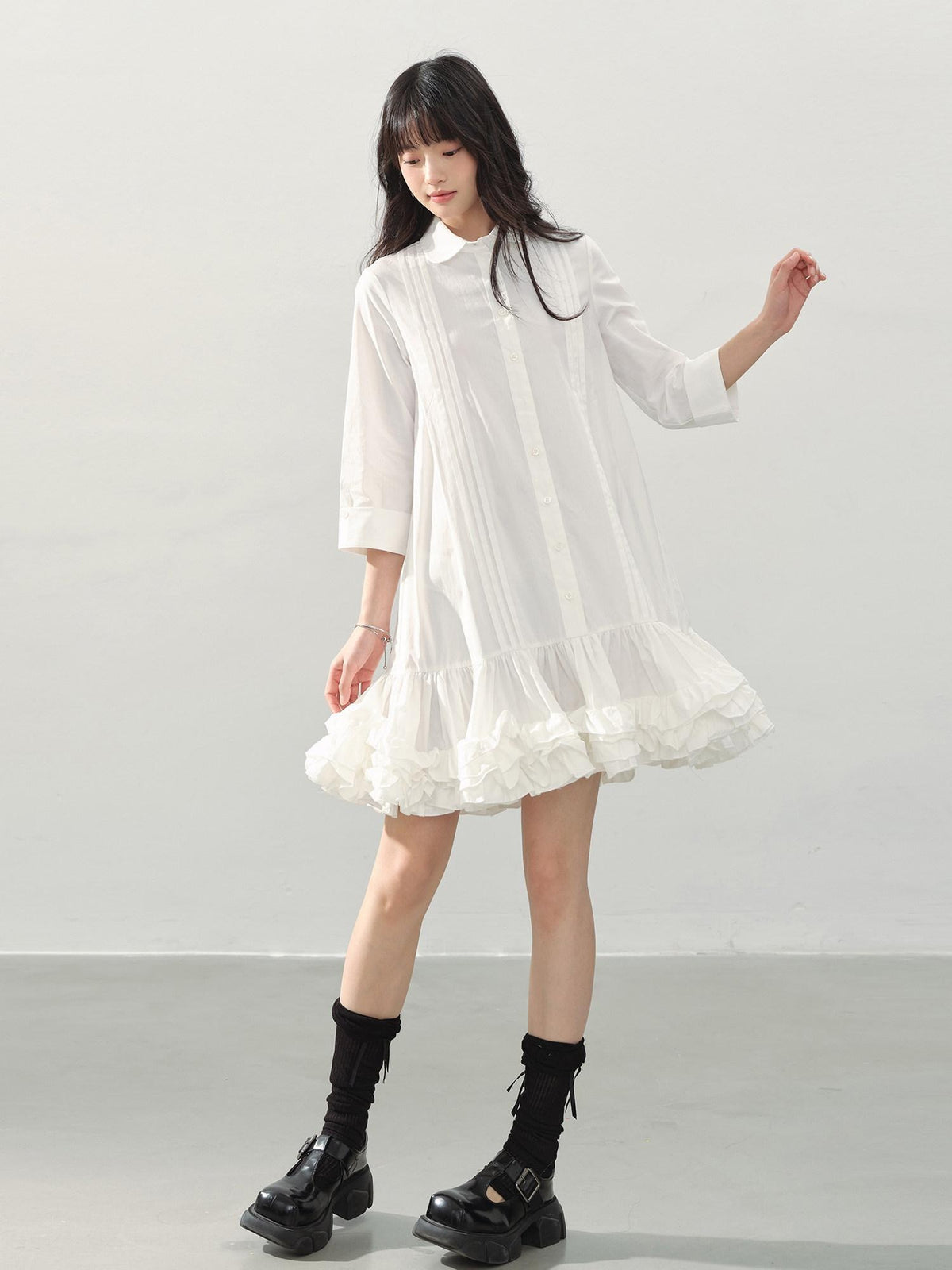 DDGIRL studio Shape Retaining Cotton Ruffle Aline Loose Waist Commuter Women Midi Dresses
