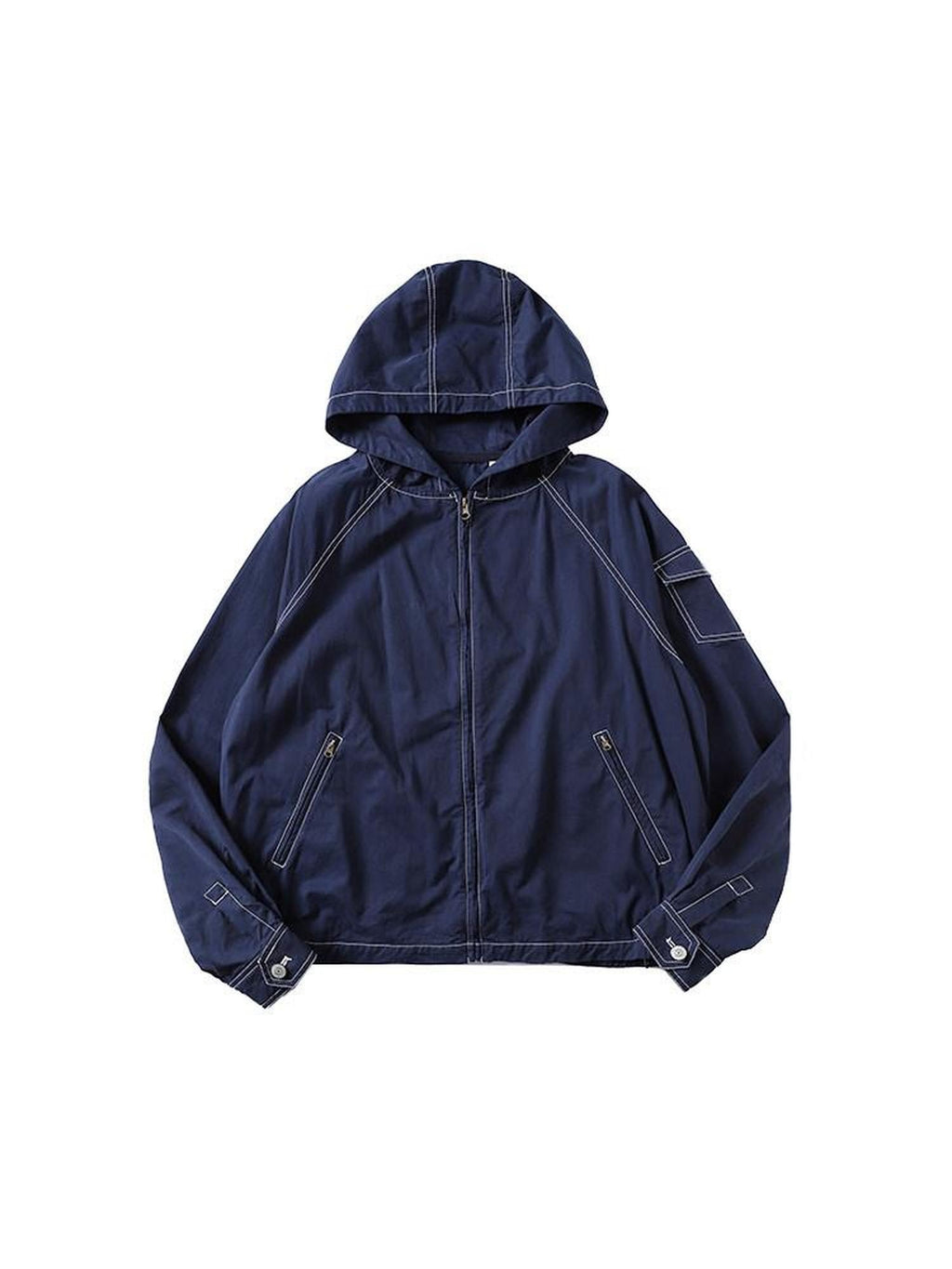 Country Moment Pure Cotton Loose Crop Hoodie Zipper Long Sleeve Navy Teen Casual Blouses