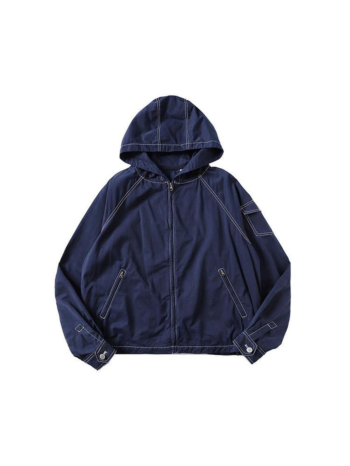 Country Moment Pure Cotton Loose Crop Hoodie Zipper Long Sleeve Navy Teen Casual Blouses
