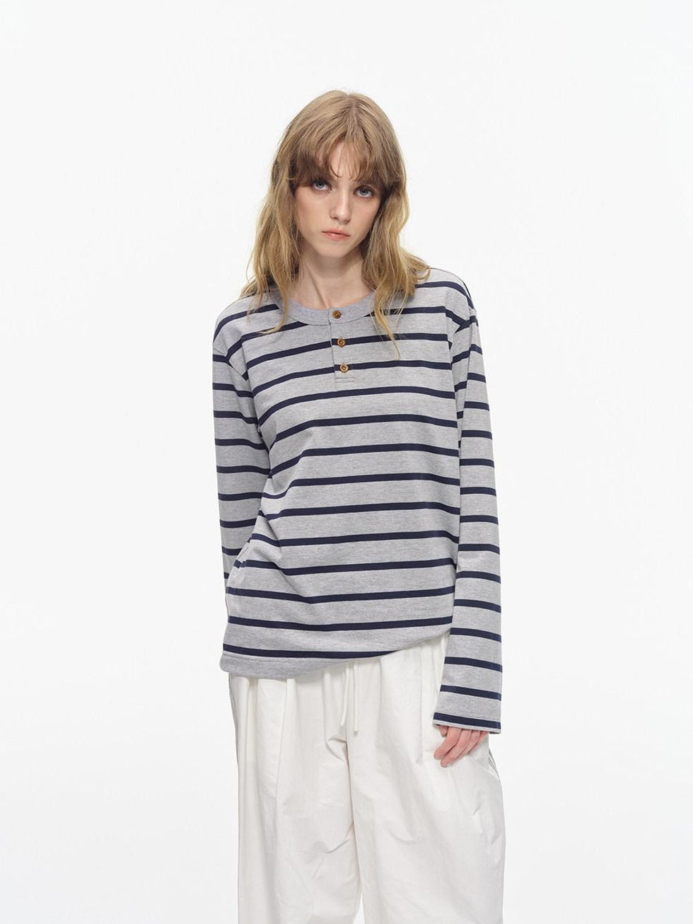 Country Moment Breathable Cotton Loose Fit Henley Striped Unisex Long Sleeve T-Shirts