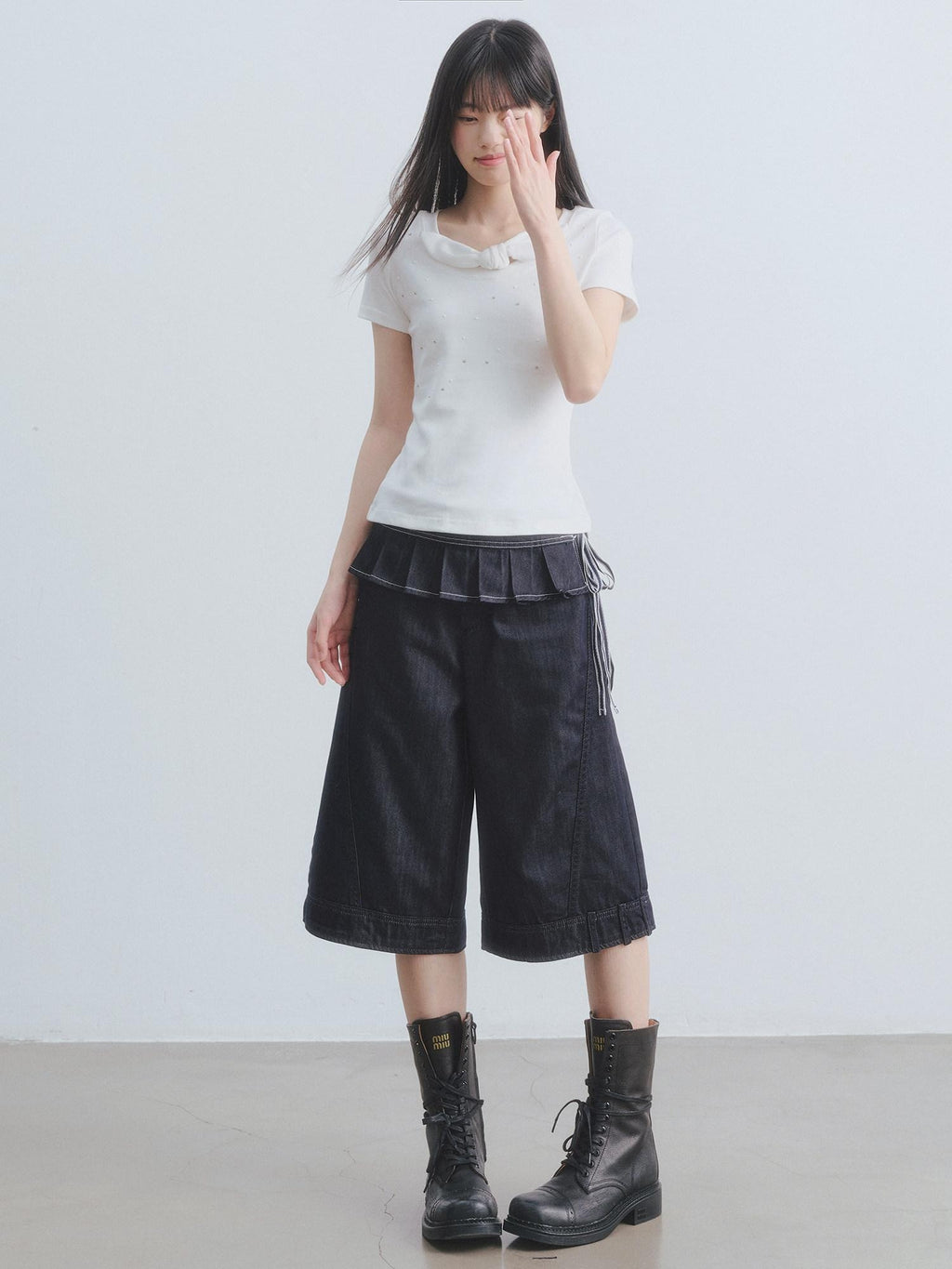 DDGIRL studio Washed High Waisted Pleated Soft Non Stretch Navy Solid Durable Wide Leg Jeans
