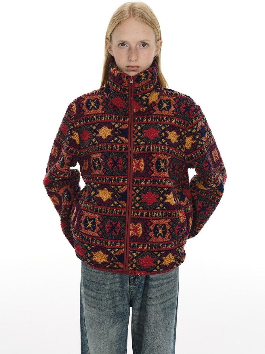 Country Moment Jacquard Thick Cooling Loose Ethnic Stand Collar Retro Red Zip Cropped Jackets