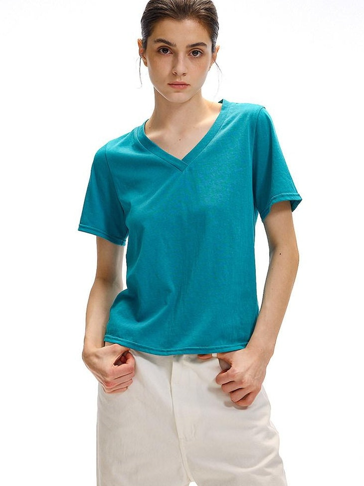 Country Moment Moisture Wicking Street Straight V-neck Cotton Blend White Short Sleeve T-Shirts