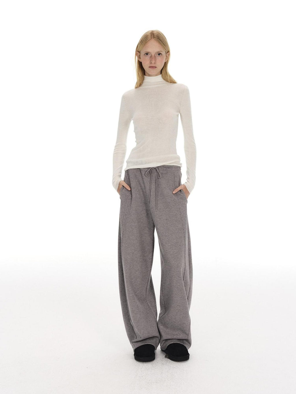 Country Moment Warm Wool Lined Pleated Drawstring Loose Fit Gray Straight Sweatpants