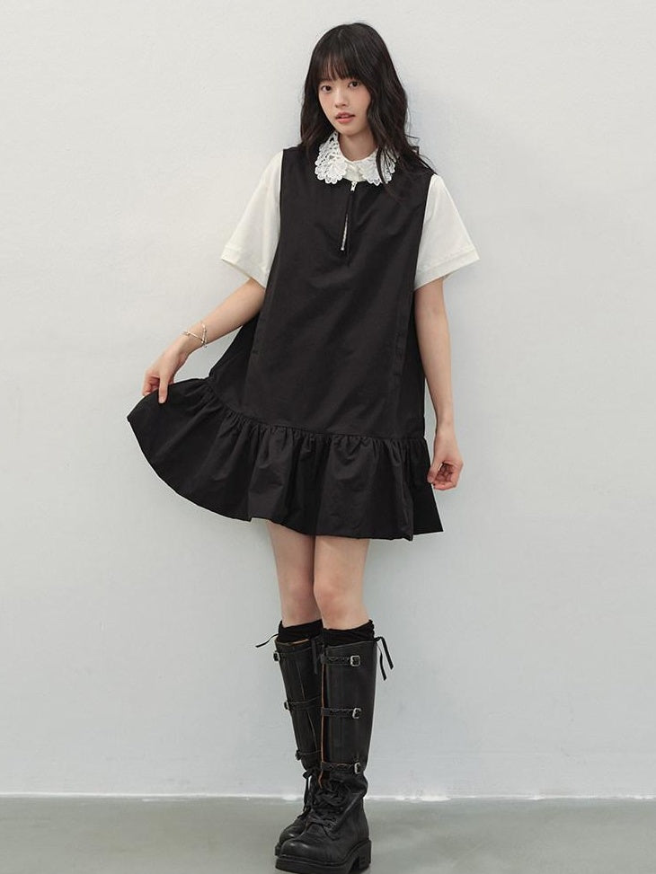 DDGIRL studio Soft Washed Cotton Nylon A Line Doll Collar Pockets Black Mini Dresses