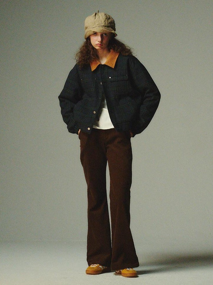 Country Moment Warm Insulated Loose Fit Plaid Cropped Teen Polyester Filled Puffer Jackets