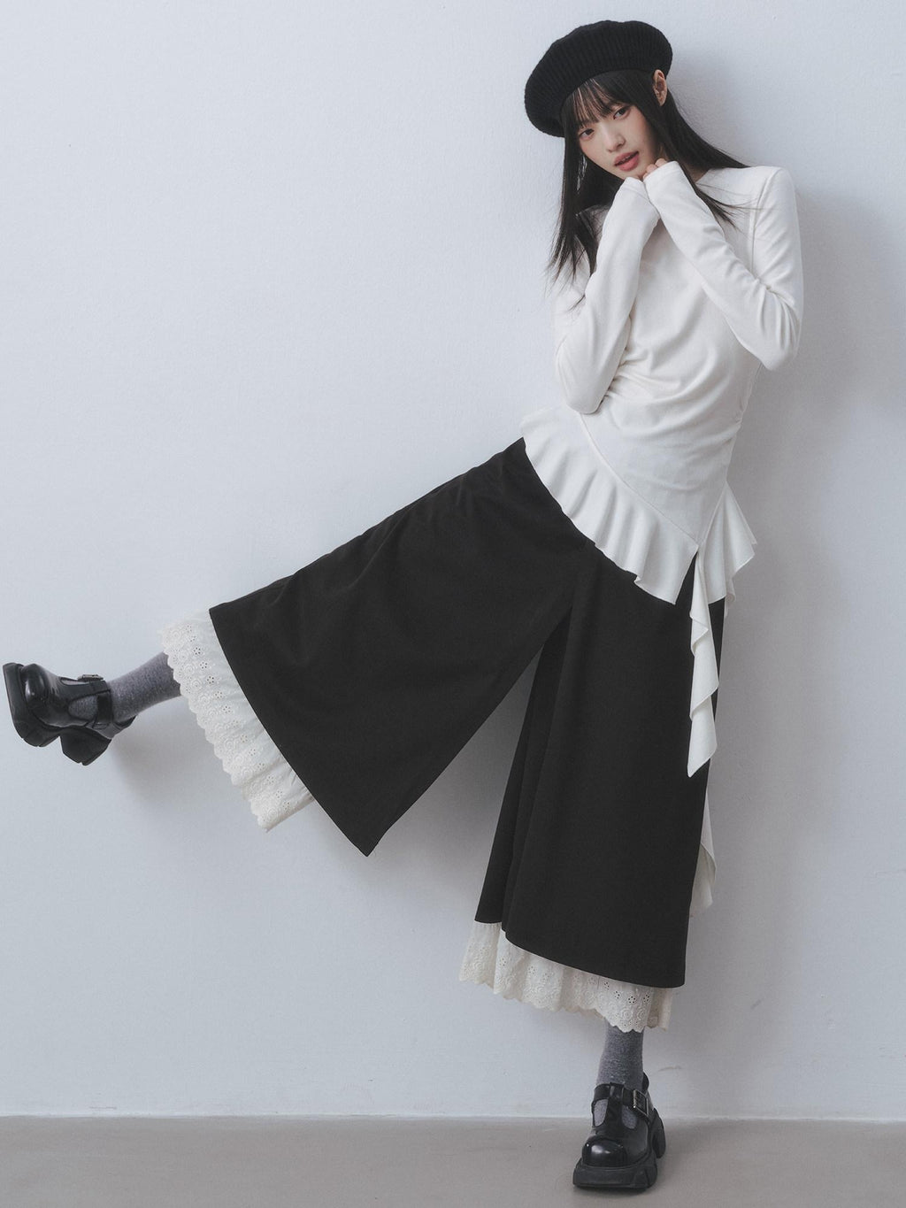 DDGIRL studio Soft Stretch Ruffle Asymmetric Slim Waist Women White Long Sleeve T-Shirts