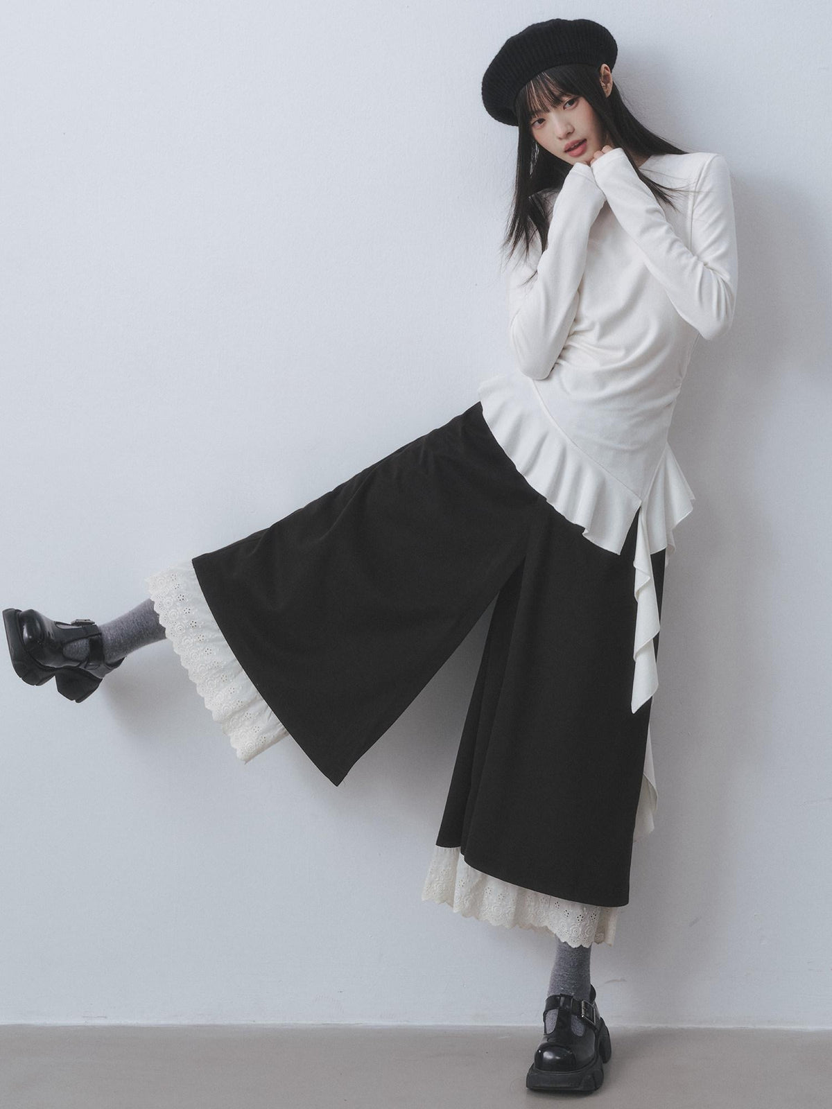 DDGIRL studio Soft Stretch Ruffle Asymmetric Slim Waist Women White Long Sleeve T-Shirts