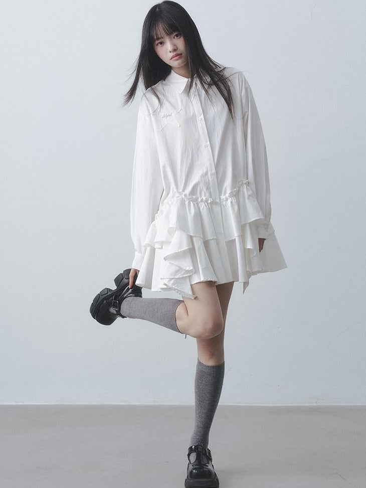 DDGIRL studio High Waist Ruffle Commuter Shirt Dress A Line Women White Button Mini Dresses
