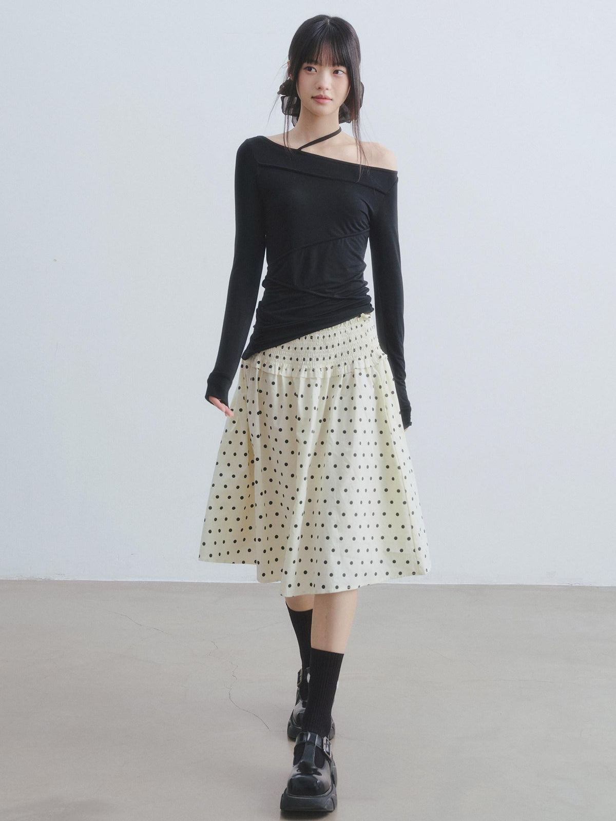 DDGIRL studio Durable Lined Pleated Aline Elastic Waist Women Cotton Beige Midi Skirts
