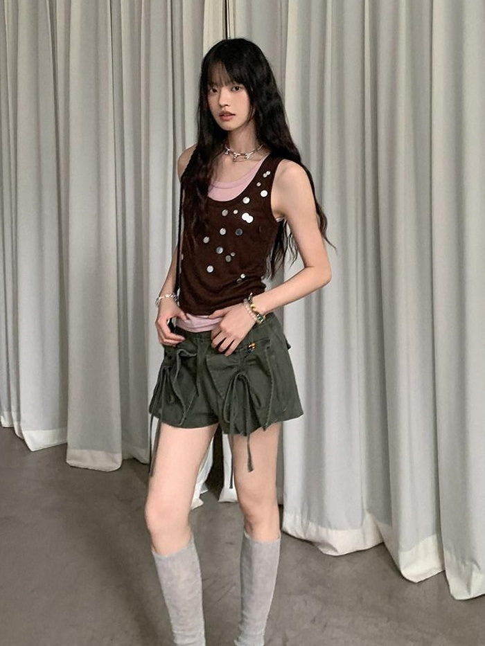 DDGIRL studio High Waist Faded 96 Percent Cotton Wide Leg Loose Fit Army Green Denim Shorts