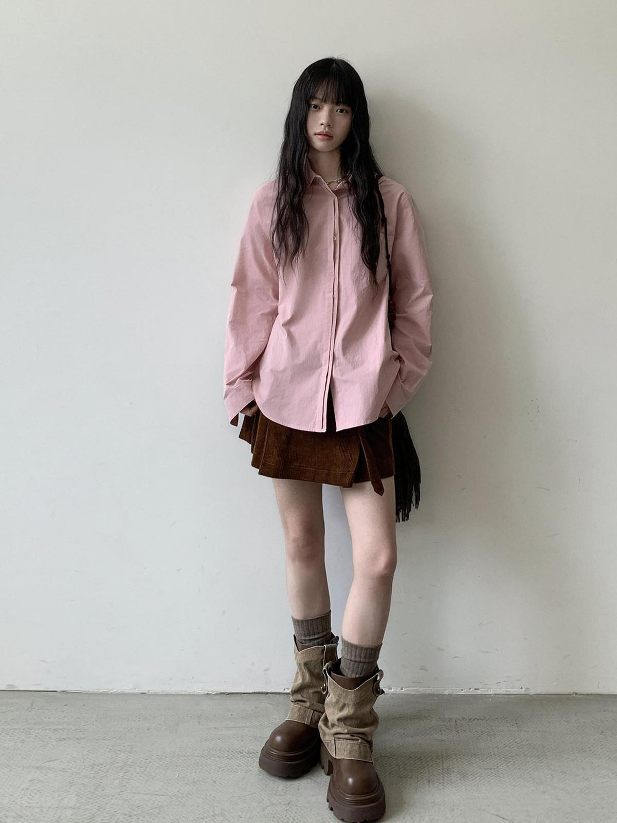DDGIRL studio Breathable 100% Cotton Loose Fit Polo Collar Button Long Sleeve Pink Shirts