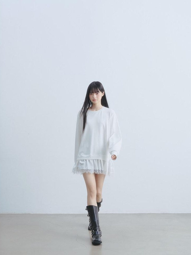 DDGIRL studio Soft Patchwork Loose Sweatshirt Girly Oversized Long Sleeve White Mini Dresses