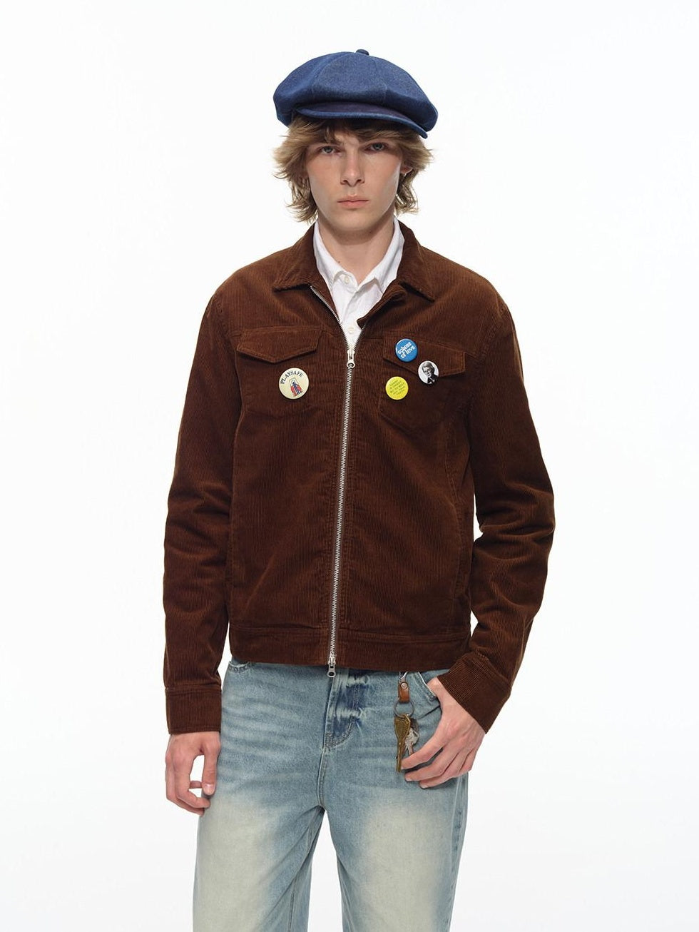Country Moment Cotton Lined Warm Short Zip Lapel Unisex Commuter Blue Brown Cropped Jackets