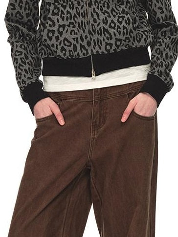 Country Moment 100% Cotton Loose Zip Crop Hooded Leopard Print Women Black Grey Hoodie