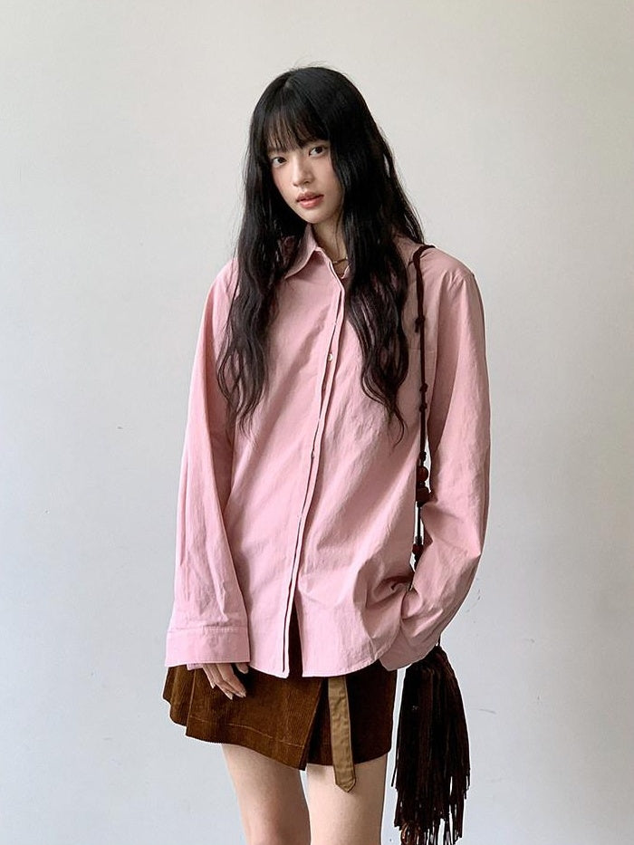 DDGIRL studio Breathable 100% Cotton Loose Fit Polo Collar Button Long Sleeve Pink Shirts