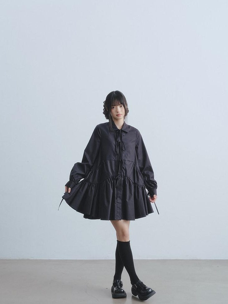 DDGIRL studio Soft High Waist Tie A Line Shirt Dress Office Black Cotton Midi Dresses