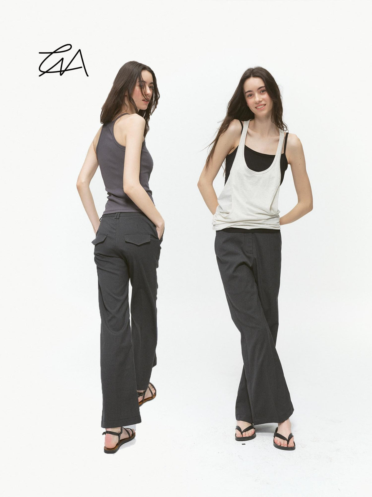 Country Moment Office Slim Mid Rise Tailored Dark Gray Striped Flared Pants