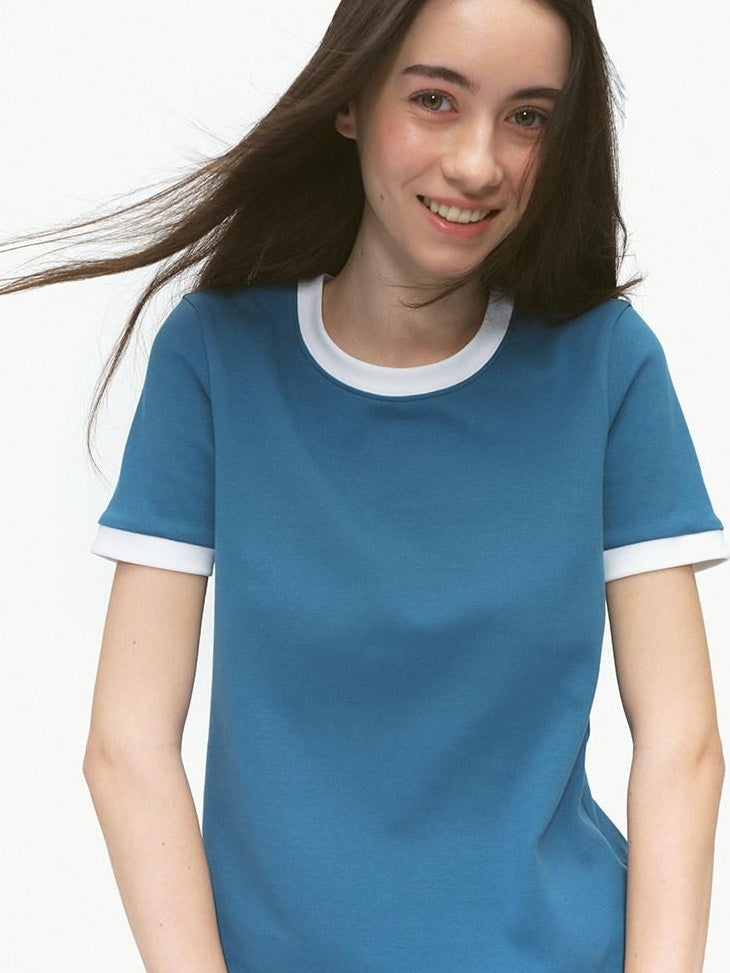 Country Moment Stretch Cotton Patchwork Casual Straight Fit Lake Blue Short Sleeve T-Shirts