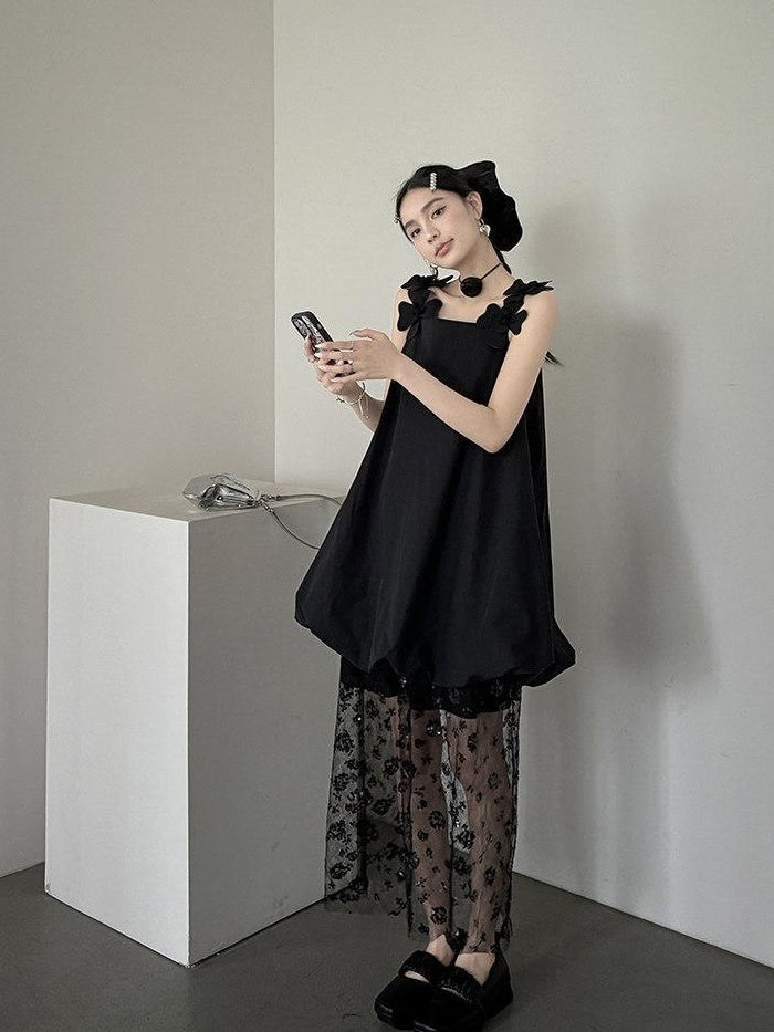 DDGIRL studio Washed Cotton Nylon Blend Strappy A Line Loose Waist Commuter Black Midi Dresses