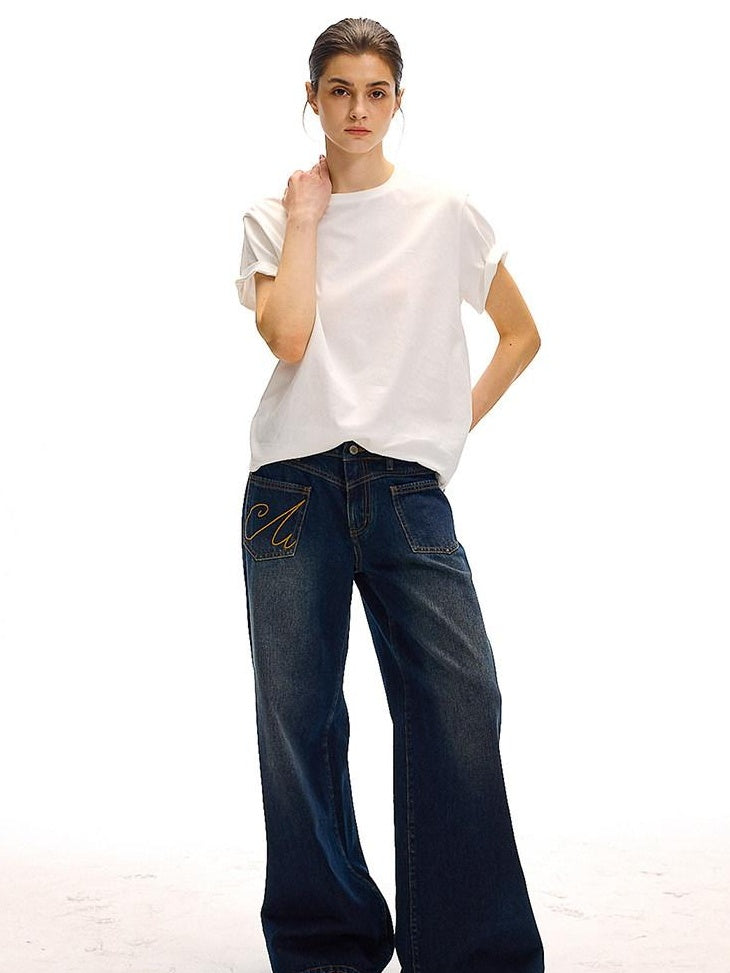 Country Moment High Waist Washed Denim Casual Loose Fit Zipper Fly Wide Leg Jeans