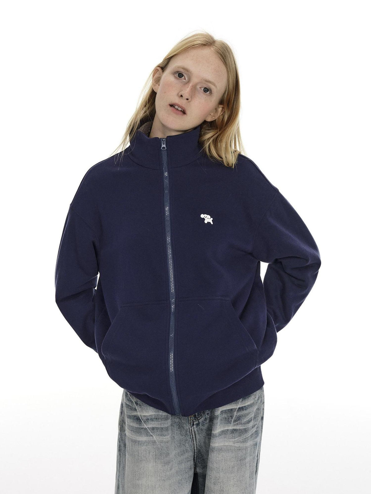 Country Moment Cozy Fleece Thick Loose Embroidered Stand Collar Unisex Cotton Zip Sweatshirt