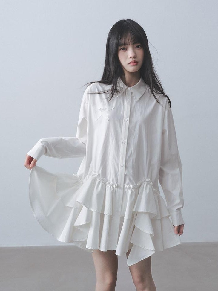 DDGIRL studio High Waist Ruffle Commuter Shirt Dress A Line Women White Button Mini Dresses