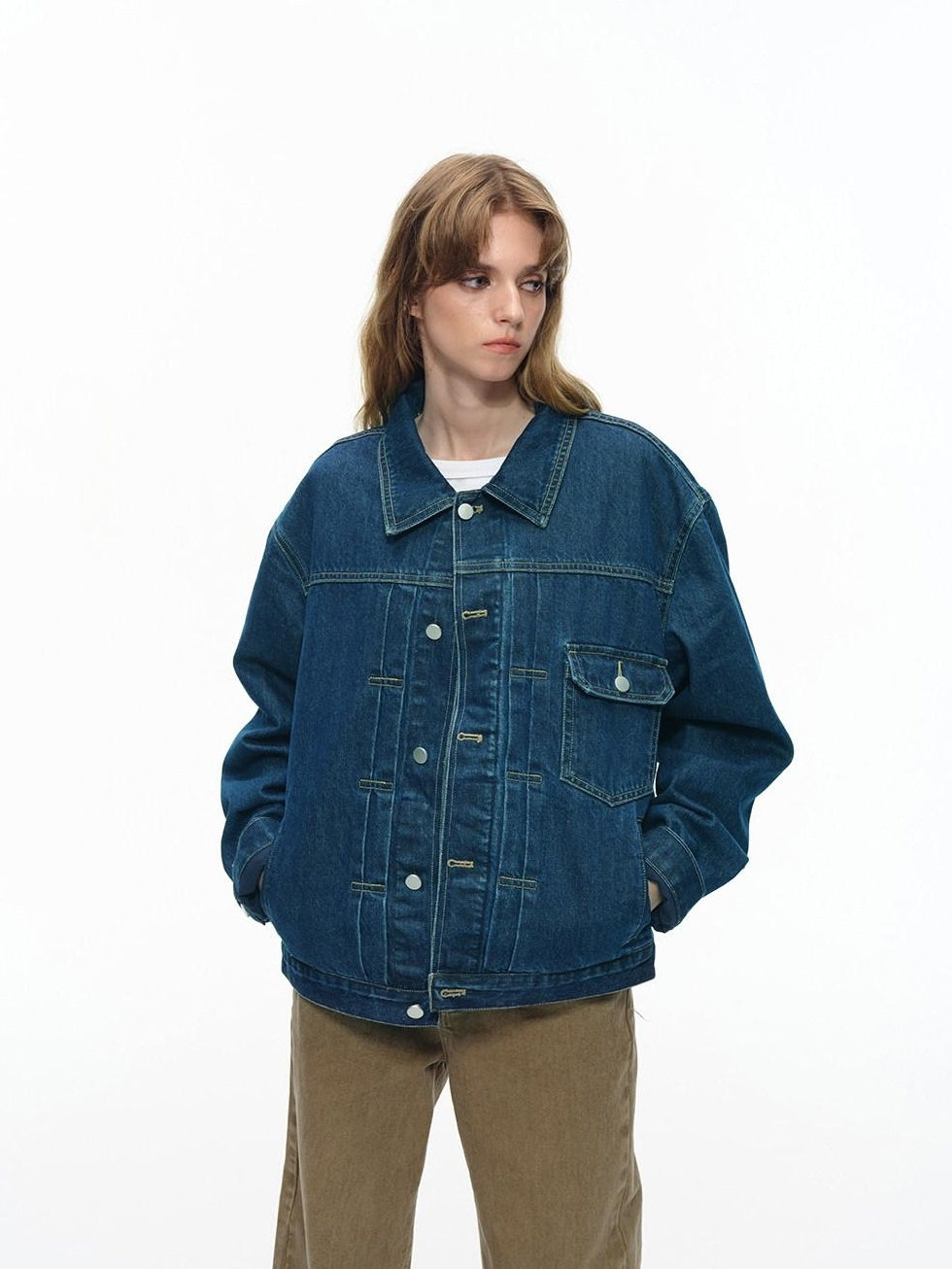 Country Moment Shape Retaining Washed Relaxed Fit Unisex Deep Blue Flap Pocket Denim Jackets