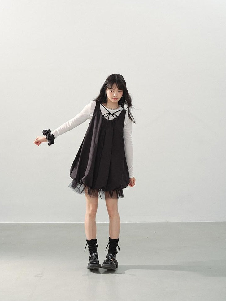 DDGIRL studio Sweet Mesh A Line Black Loose Waist Bubble Skirt U Neck Work Top & Skirt Sets