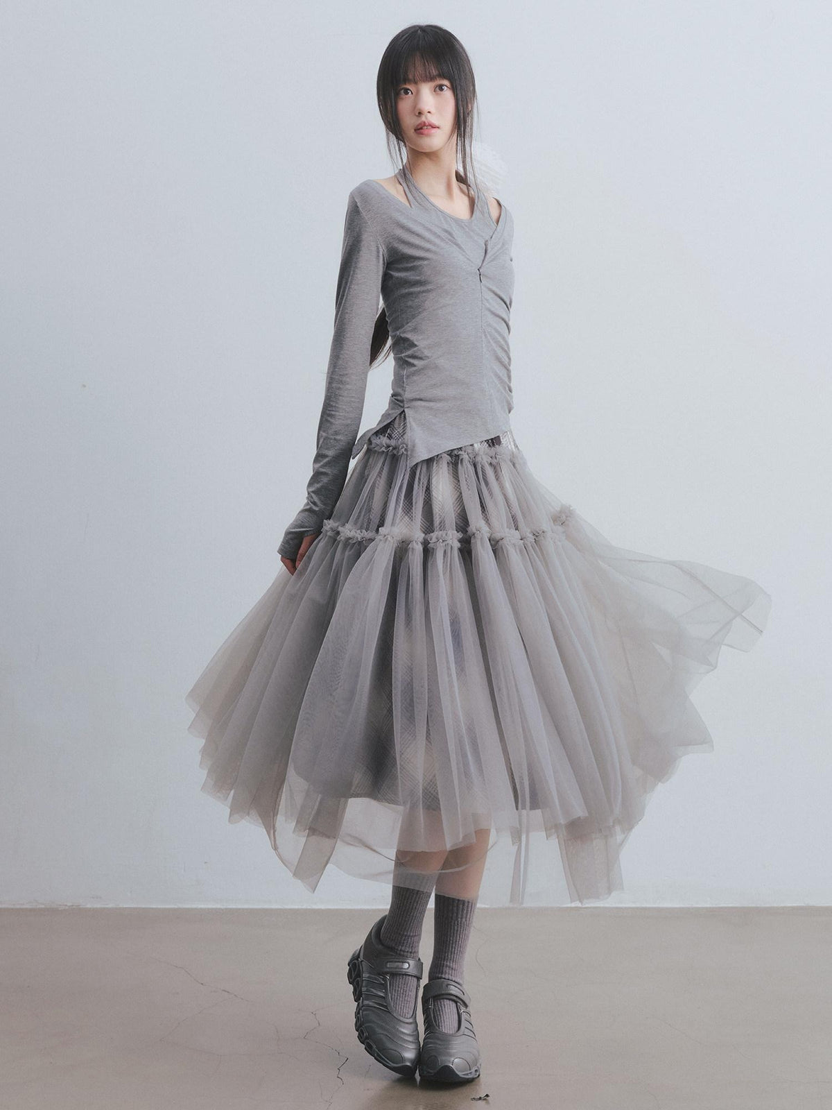 DDGIRL studio Non Deforming High Waist Mesh Patchwork Pleated Lined Women Gray Midi Skirts