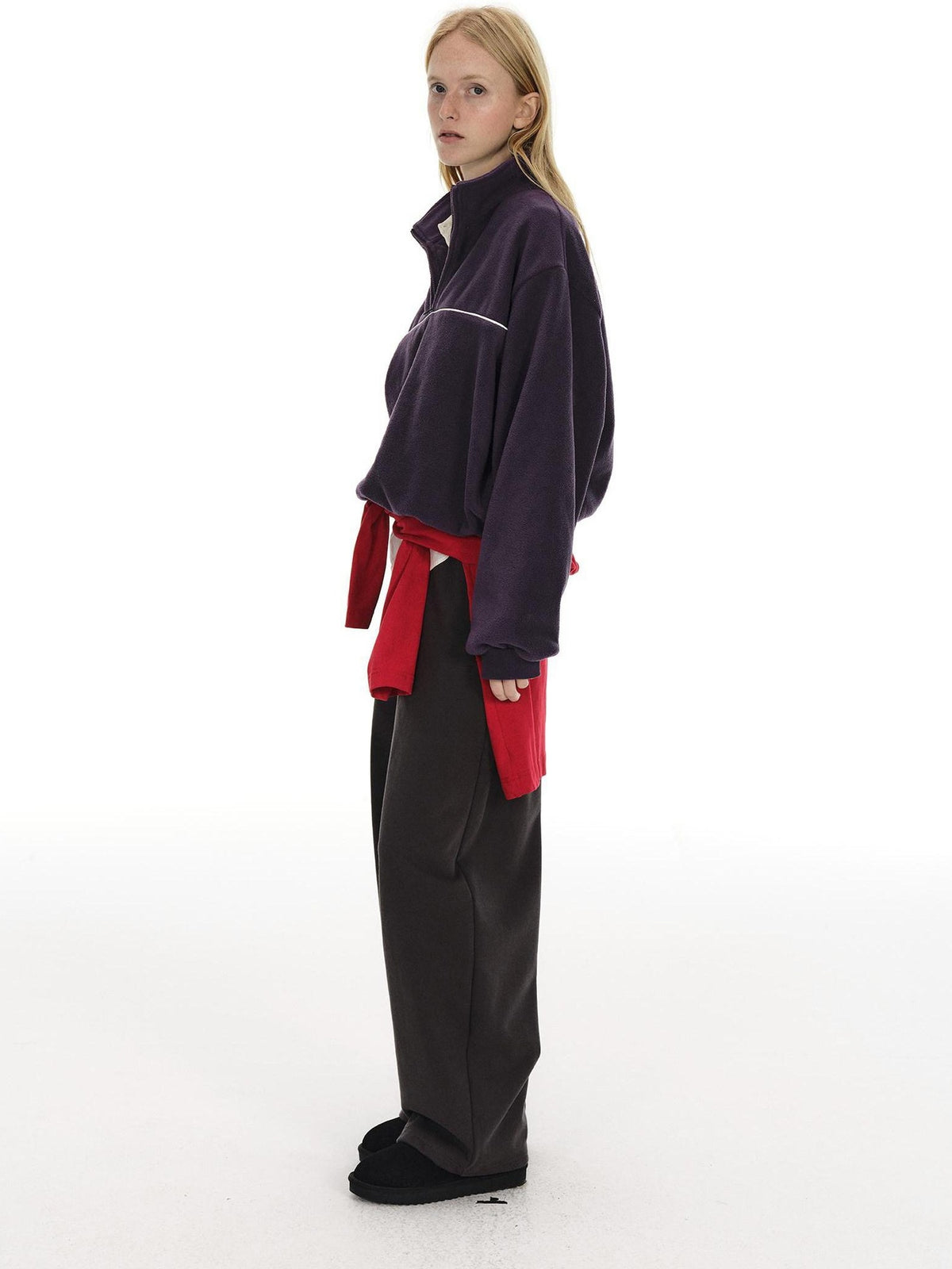 Country Moment Warm Fleece Short Zip Stand Collar Colorblock Loose Fit Unisex Purple Sweatshirt