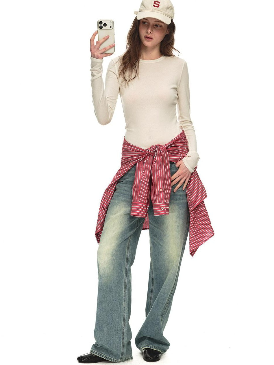 Country Moment Breathable Lyocell Wool Slim Crewneck Commuter Casual Long Sleeve T-Shirts