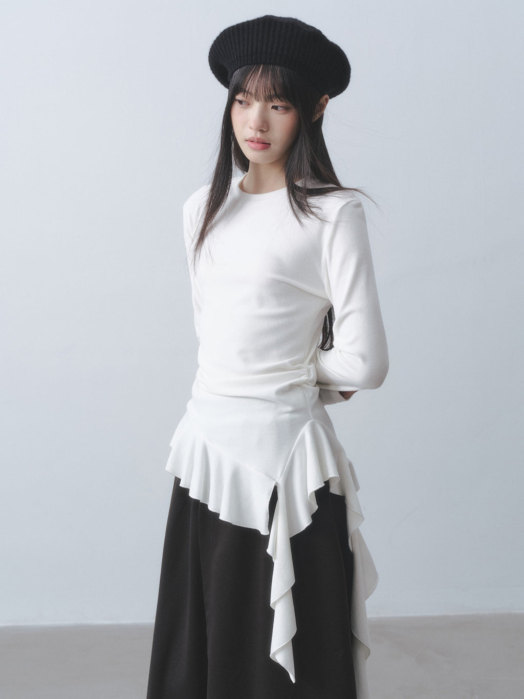 DDGIRL_studio_Soft_Stretch_Ruffle_Asymmetric_Slim_Waist_Women_White_Long_Sleeve_T-Shirts_MISSTT