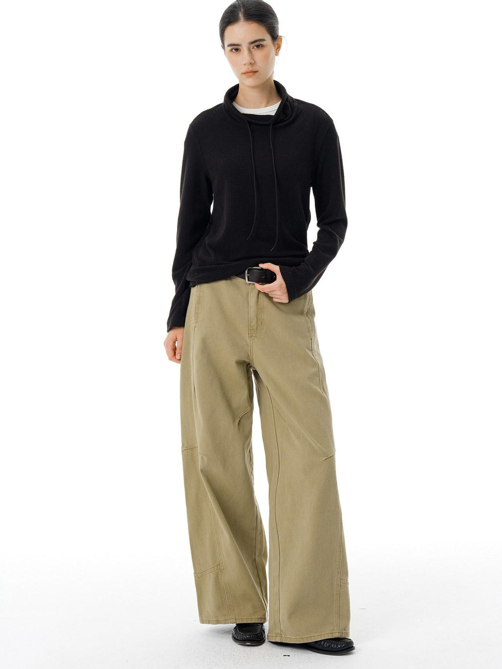Country Moment Breathable Cotton Mid Waist Patchwork 3D Tailored Casual Khaki Wide Leg Pants