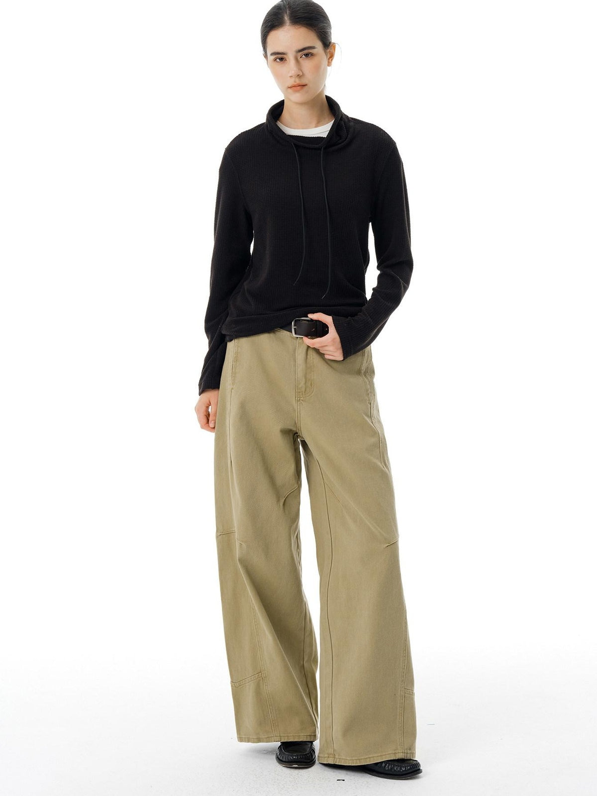 Country Moment Breathable Cotton Mid Waist Patchwork 3D Tailored Casual Khaki Wide Leg Pants